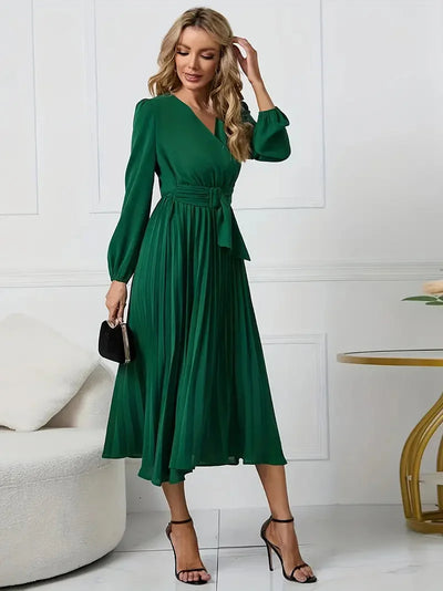 Angela Plain Midi Dress with Neckline and Belt