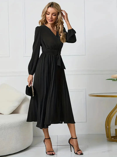 Angela Plain Midi Dress with Neckline and Belt