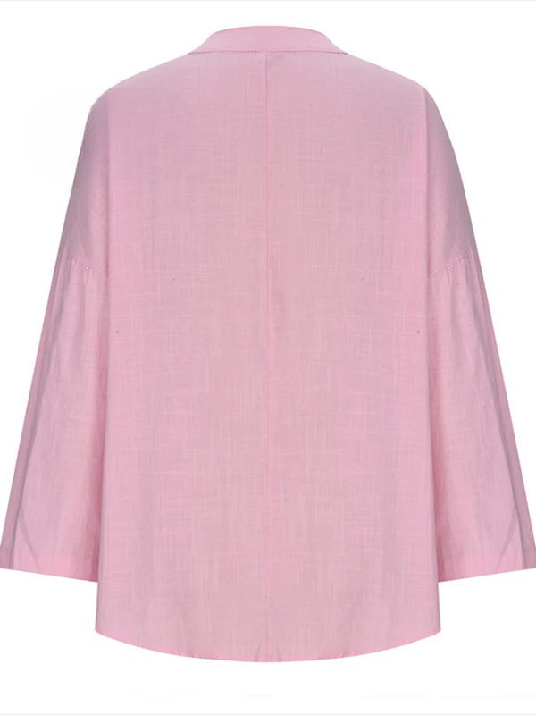 Women's Cotton Long Sleeve Round Neck | Solid Color Loose Beach Shirt