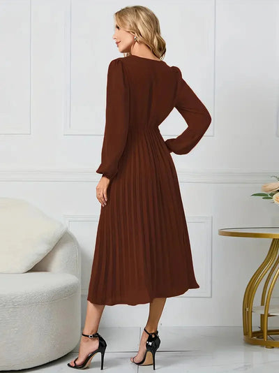 Angela Plain Midi Dress with Neckline and Belt