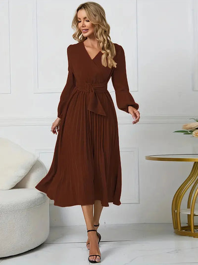 Angela Plain Midi Dress with Neckline and Belt