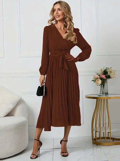 Angela Plain Midi Dress with Neckline and Belt