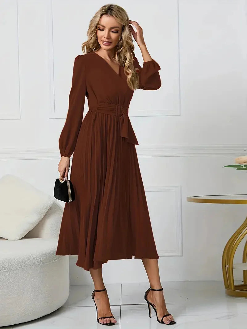 Angela Plain Midi Dress with Neckline and Belt