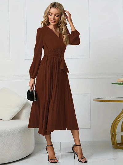 Angela Plain Midi Dress with Neckline and Belt