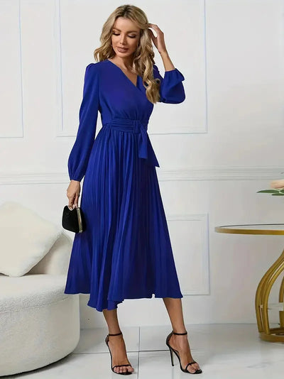 Angela Plain Midi Dress with Neckline and Belt