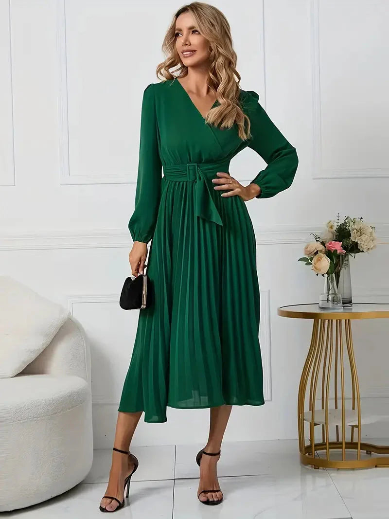 Angela Plain Midi Dress with Neckline and Belt