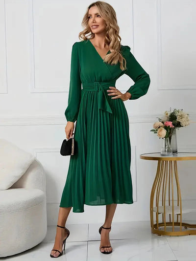 Angela Plain Midi Dress with Neckline and Belt
