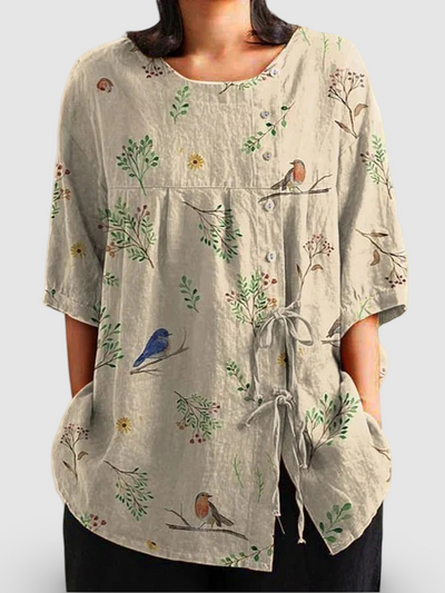 Boughs And Robin Birds Pattern Printed | Women's Casual Cotton Shirt