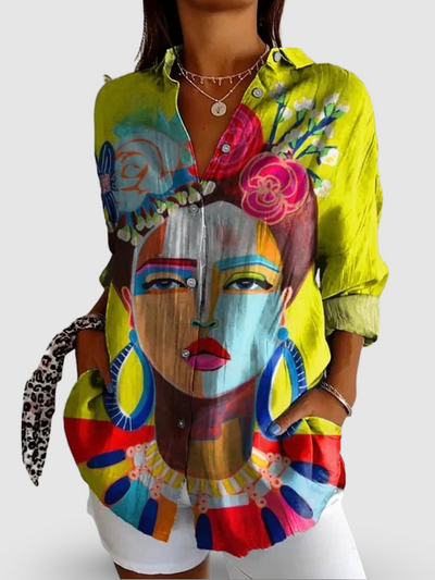 Oil Painting Freda Portrait Art Printed | Women's Casual Cotton Shirt