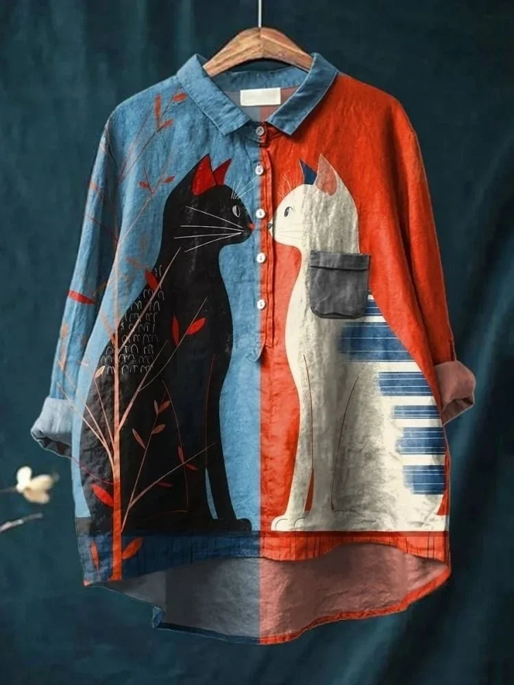 Mila | Playful Cat Print Button-Up Shirt
