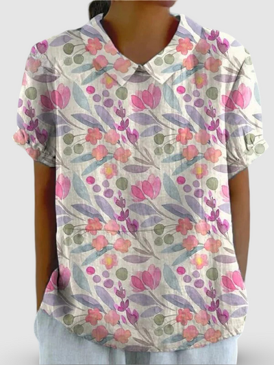 Watercolor Spring Garden Floral Repeat Pattern Printed | Women's Casual Cotton Shirt