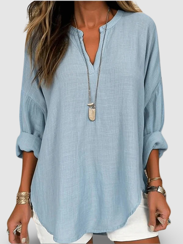 Women's Cotton Long Sleeve Round Neck | Solid Color Loose Beach Shirt