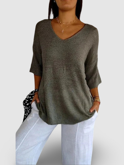Women's Solid Color Knitted | 3/4 Sleeve V-neck Top