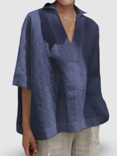 Women's V-neck Cotton | Solid Color Loose Mid-Sleeve Shirt