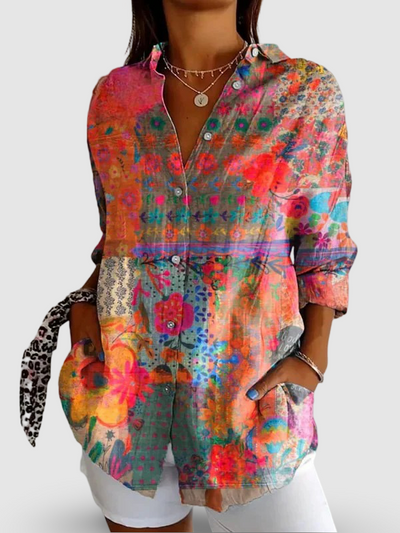 Women's Vintage Flower Art Print | Casual Cotton Shirt