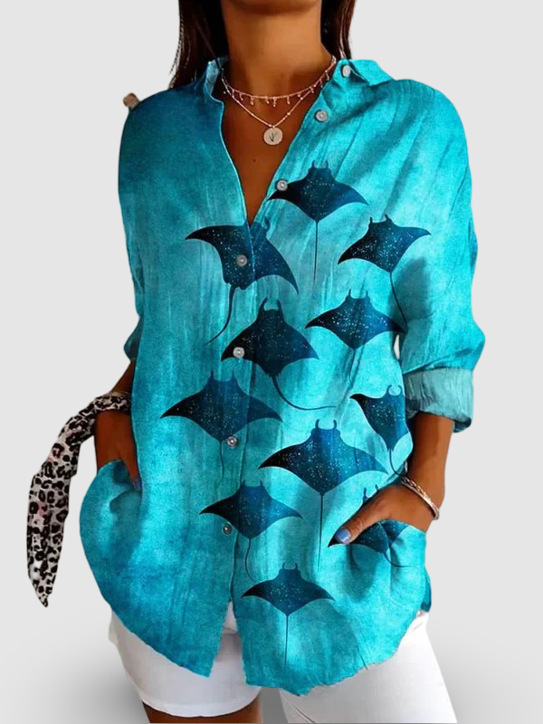 Women's Vintage Manta Rays Art Print | Casual Cotton Shirt
