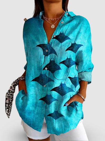 Women's Vintage Manta Rays Art Print | Casual Cotton Shirt