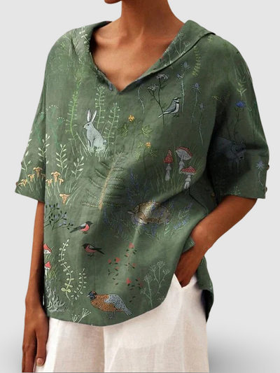Woodland And Animal Pattern Printed | Women's Casual V-neck Shirt