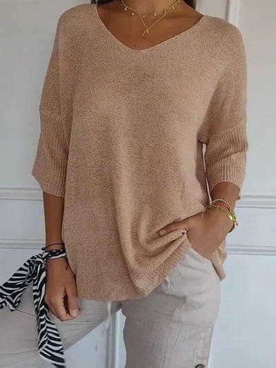 Women's Solid Color Knitted | 3/4 Sleeve V-neck Top