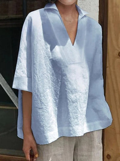 Women's V-neck Cotton | Solid Color Loose Mid-Sleeve Shirt