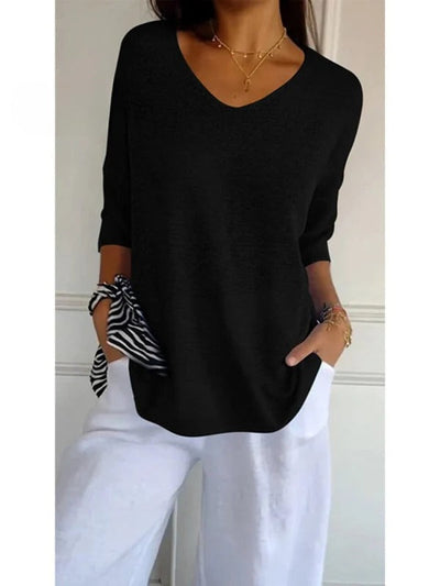 Women's Solid Color Knitted | 3/4 Sleeve V-neck Top
