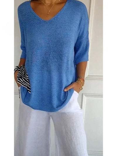 Women's Solid Color Knitted | 3/4 Sleeve V-neck Top