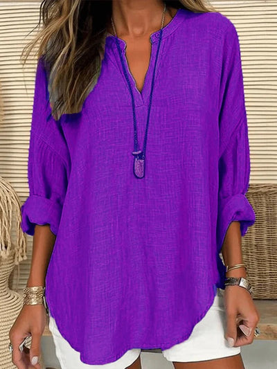 Women's Cotton Long Sleeve Round Neck | Solid Color Loose Beach Shirt
