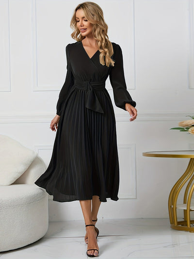 Angela Plain Midi Dress with Neckline and Belt
