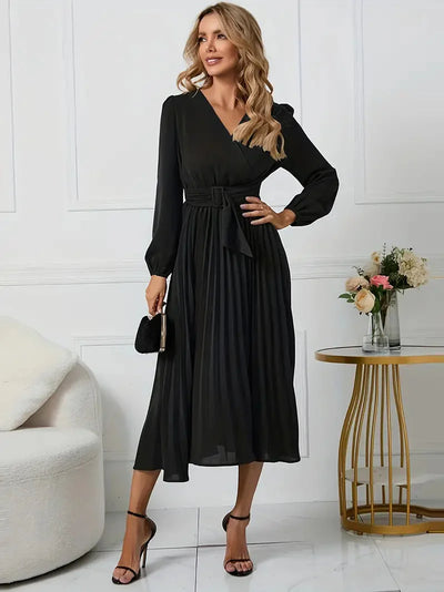 Angela Plain Midi Dress with Neckline and Belt