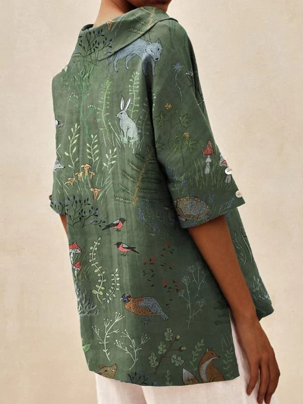Woodland And Animal Pattern Printed | Women's Casual V-neck Shirt
