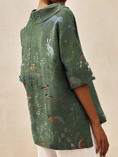 Woodland And Animal Pattern Printed | Women's Casual V-neck Shirt