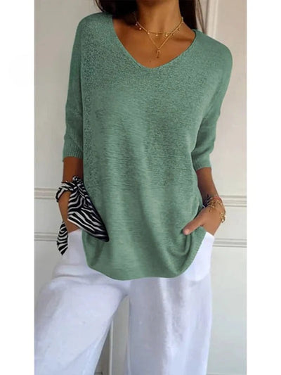 Women's Solid Color Knitted | 3/4 Sleeve V-neck Top
