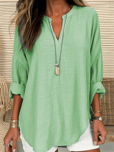 Women's Cotton Long Sleeve Round Neck | Solid Color Loose Beach Shirt