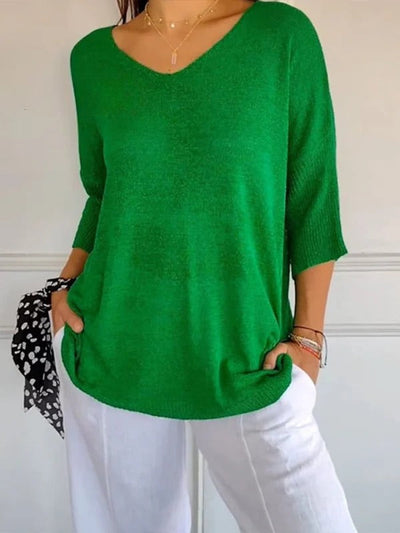 Women's Solid Color Knitted | 3/4 Sleeve V-neck Top