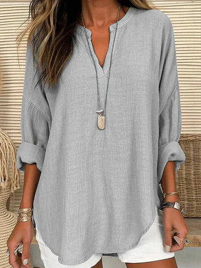 Women's Cotton Long Sleeve Round Neck | Solid Color Loose Beach Shirt