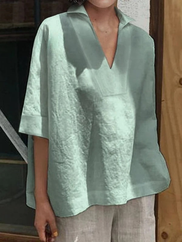 Women's V-neck Cotton | Solid Color Loose Mid-Sleeve Shirt