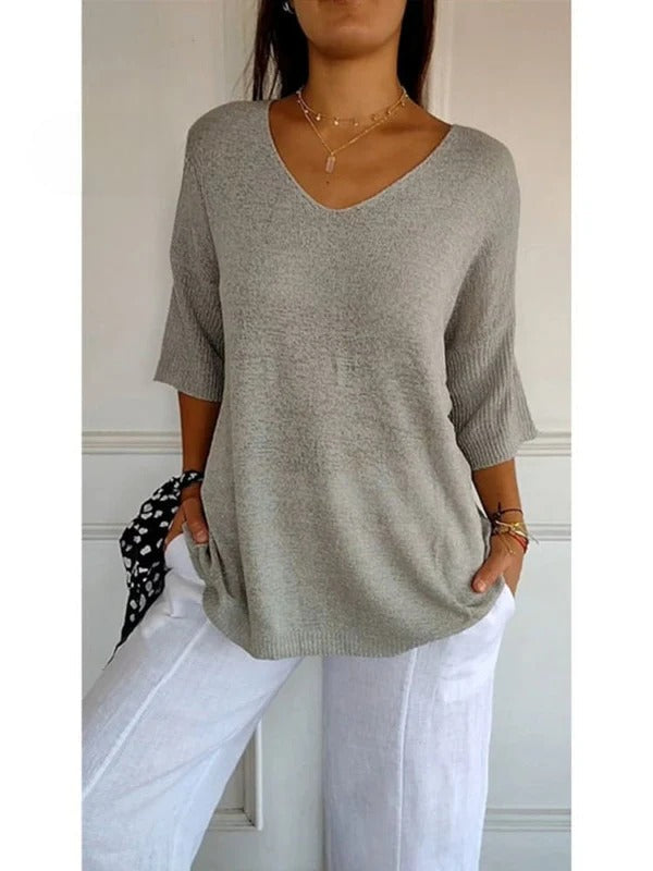Women's Solid Color Knitted | 3/4 Sleeve V-neck Top