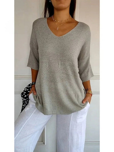 Women's Solid Color Knitted | 3/4 Sleeve V-neck Top