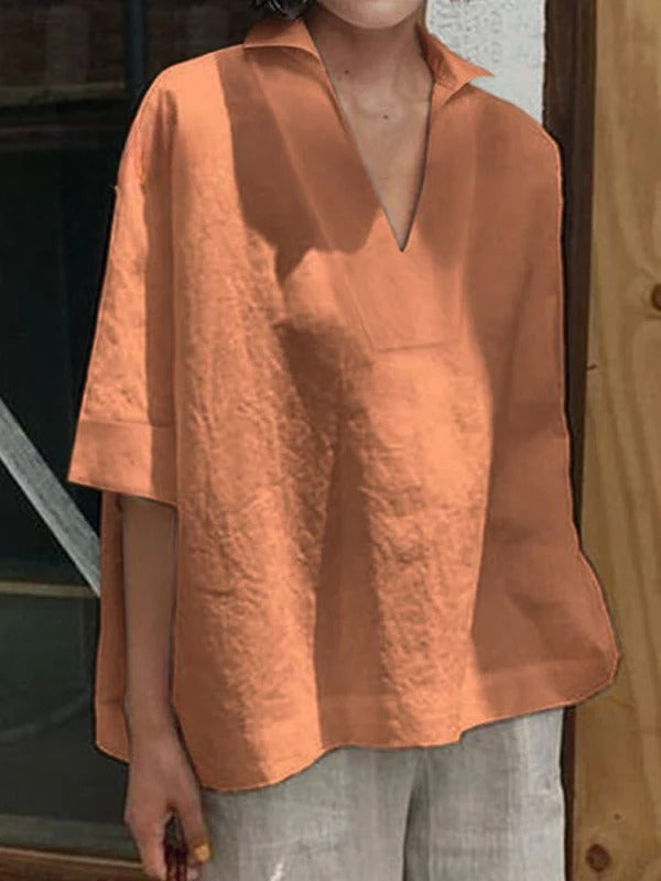 Women's V-neck Cotton | Solid Color Loose Mid-Sleeve Shirt