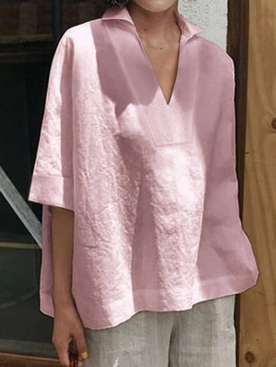 Women's V-neck Cotton | Solid Color Loose Mid-Sleeve Shirt