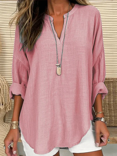 Women's Cotton Long Sleeve Round Neck | Solid Color Loose Beach Shirt