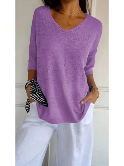 Women's Solid Color Knitted | 3/4 Sleeve V-neck Top