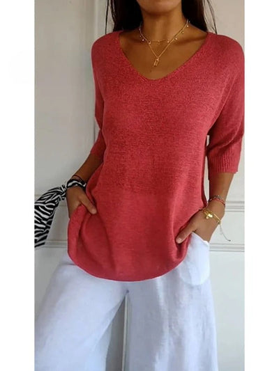 Women's Solid Color Knitted | 3/4 Sleeve V-neck Top