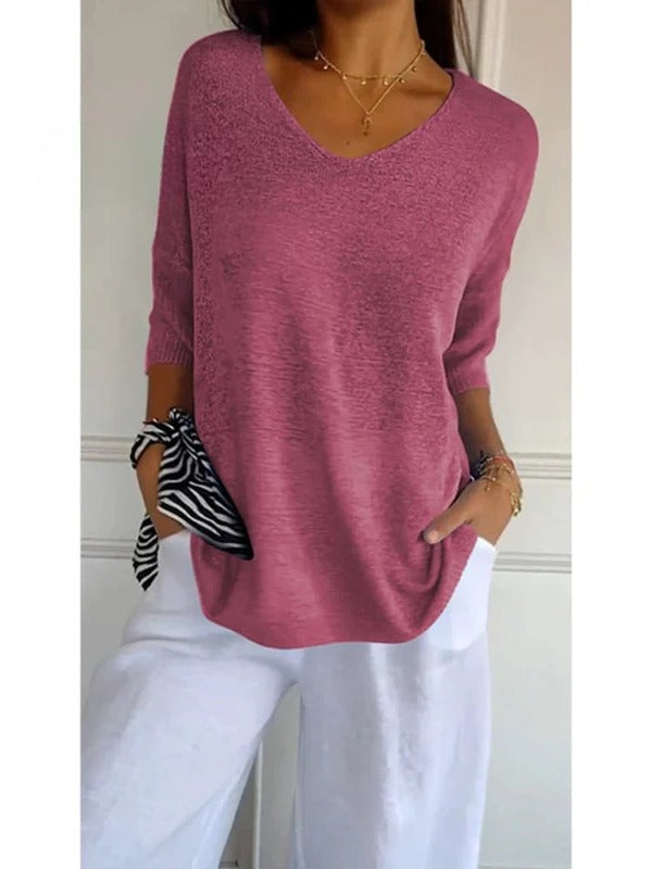Women's Solid Color Knitted | 3/4 Sleeve V-neck Top