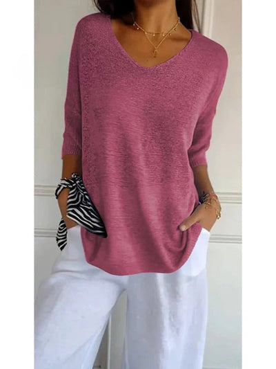 Women's Solid Color Knitted | 3/4 Sleeve V-neck Top