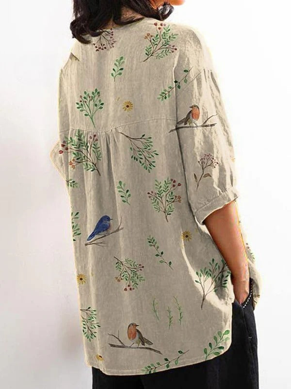 Boughs And Robin Birds Pattern Printed | Women's Casual Cotton Shirt