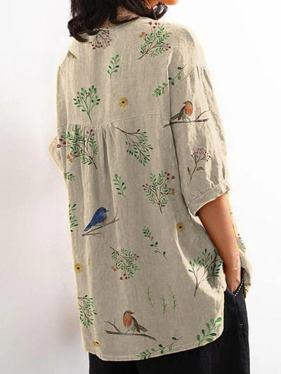Boughs And Robin Birds Pattern Printed | Women's Casual Cotton Shirt