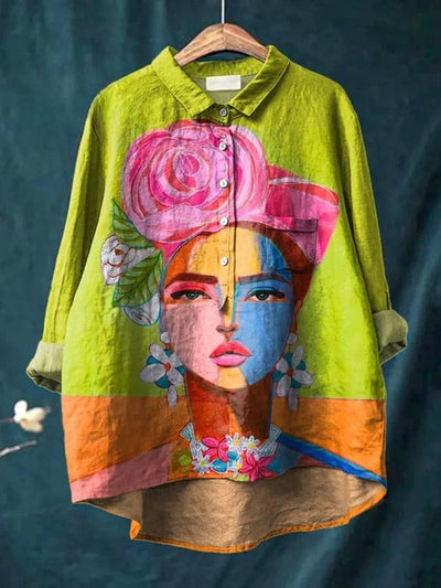 Oil Painting Freda Portrait Art Printed | Women's Casual Cotton Shirt