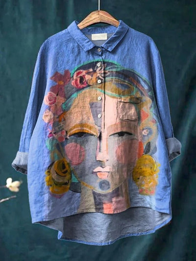 Oil Painting Freda Portrait Art Printed | Women's Casual Cotton Shirt