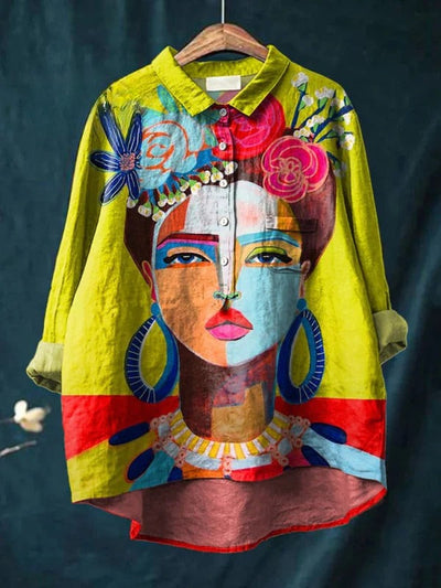 Oil Painting Freda Portrait Art Printed | Women's Casual Cotton Shirt